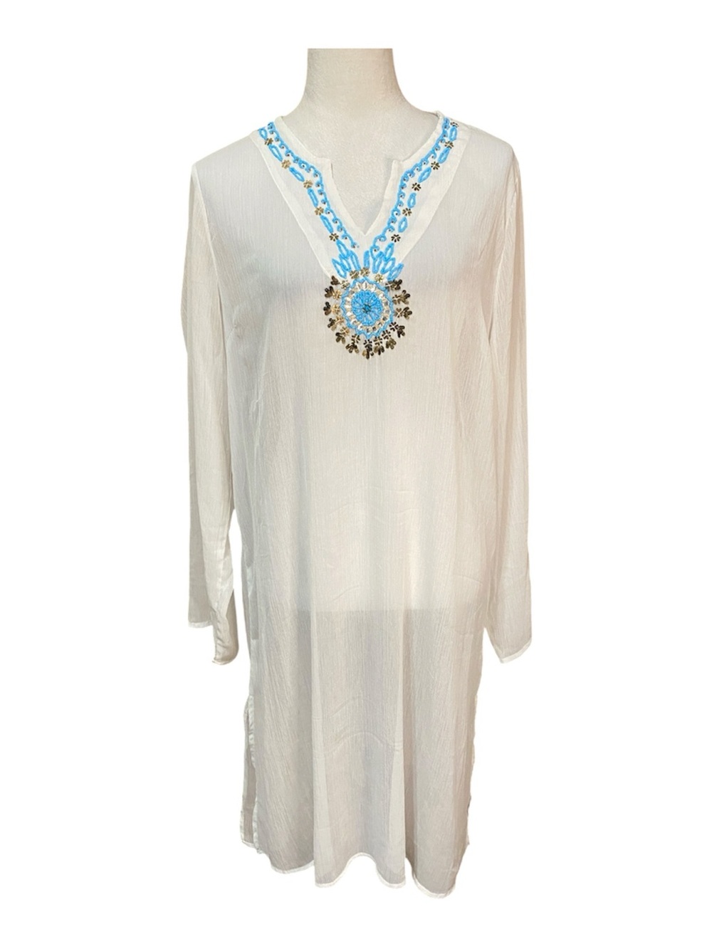 BLUE ISLAND Swim Cover-Up Tunic with Blue Beaded Neckline